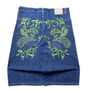 Y2K Red Ape 34x15 Baggy Jean Denim Shorts Crazy Embroidered Skater Type